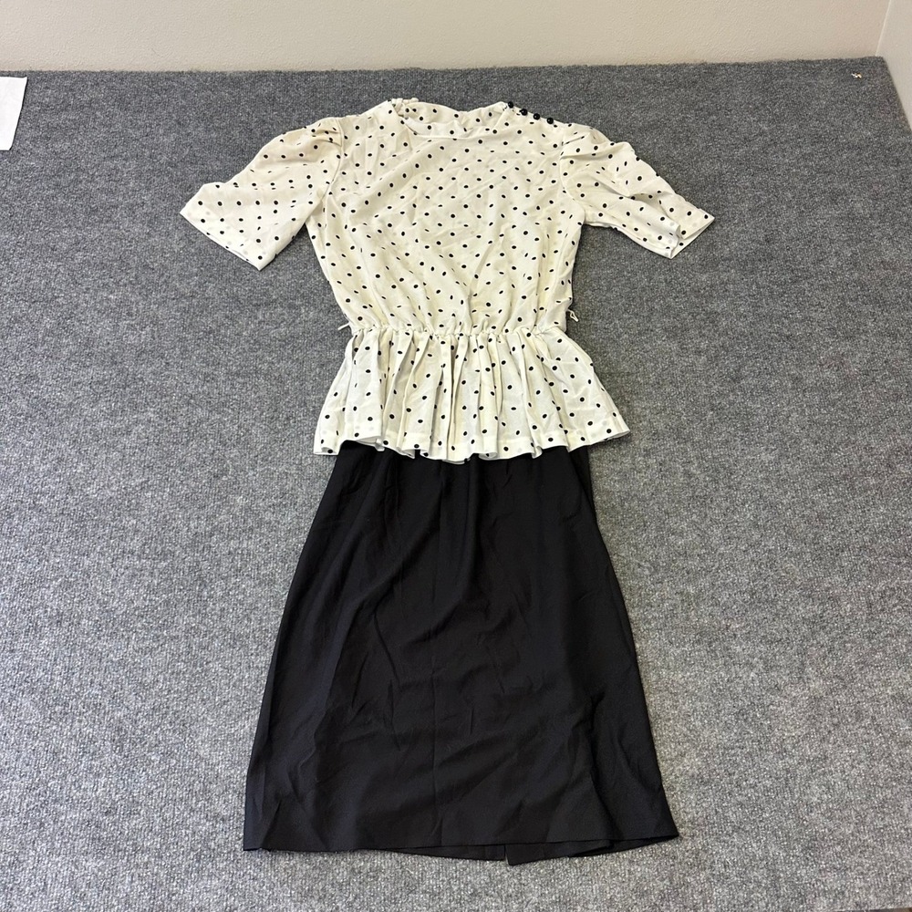 Sally Penn Dress Womens Size 10 Ivory Black Polka Dot Peplum Midi Vintage USA